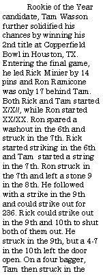 Text Box:          Rookie of the Year candidate, Tam Wasson further solidified his chances by winning his 2nd title at Copperfield Bowl in Houston, TX. Entering the final game, he led Rick Minier by 14 pins and Ron Ramicone was only 17 behind Tam. Both Rick and Tam started X/X//, while Ron started XX/XX. Ron spared a washout in the 6th and struck in the 7th. Rick started striking in the 6th and Tam  started a string in the 7th. Ron struck in the 7th and left a stone 9 in the 8th. He followed with a strike in the 9th and could strike out for 236. Rick could strike out in the 9th and 10th to shut both of them out. He struck in the 9th, but a 4-7 in the 10th left the door open. On a four bagger, Tam then struck in the 