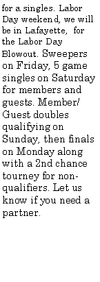 Text Box: for a singles. Labor Day weekend, we will be in Lafayette,  for the Labor Day Blowout. Sweepers on Friday, 5 game singles on Saturday for members and guests. Member/Guest doubles qualifying on Sunday, then finals on Monday along with a 2nd chance tourney for non-qualifiers. Let us know if you need a partner. 