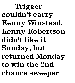 Text Box:         Trigger couldnt carry Kenny Winstead. Kenny Robertson didnt like it Sunday, but returned Monday to win the 2nd chance sweeper 