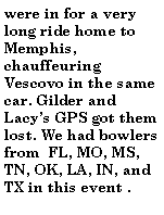Text Box: were in for a very long ride home to Memphis, chauffeuring Vescovo in the same car. Gilder and Lacys GPS got them lost. We had bowlers from  FL, MO, MS, TN, OK, LA, IN, and TX in this event .
