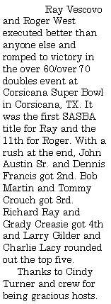 Text Box:                 Ray Vescovo and Roger West executed better than anyone else and romped to victory in the over 60/over 70 doubles event at Corsicana Super Bowl in Corsicana, TX. It was the first SASBA title for Ray and the 11th for Roger. With a rush at the end, John Austin Sr. and Dennis Francis got 2nd. Bob Martin and Tommy Crouch got 3rd. Richard Ray and Grady Creasie got 4th and Larry Gilder and Charlie Lacy rounded out the top five.     Thanks to Cindy Turner and crew for being gracious hosts. 