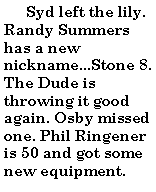 Text Box:        Syd left the lily. Randy Summers has a new nickname...Stone 8. The Dude is throwing it good again. Osby missed one. Phil Ringener is 50 and got some new equipment. 