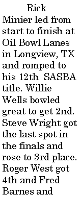 Text Box:  	Rick Minier led from start to finish at Oil Bowl Lanes in Longview, TX and romped to his 12th  SASBA title. Willie Wells bowled great to get 2nd. Steve Wright got the last spot in the finals and rose to 3rd place. Roger West got 4th and Fred Barnes and 