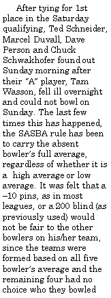 Text Box:      After tying for 1st place in the Saturday qualifying, Ted Schneider, Marcel Duvall, Dave Person and Chuck Schwakhofer found out Sunday morning after their A player, Tam Wasson, fell ill overnight and could not bowl on Sunday. The last few times this has happened, the SASBA rule has been to carry the absent bowlers full average, regardless of whether it is a  high average or low average. It was felt that a 10 pins, as in most leagues, or a 200 blind (as previously used) would not be fair to the other bowlers on his/her team, since the teams were formed based on all five bowlers average and the remaining four had no choice who they bowled 