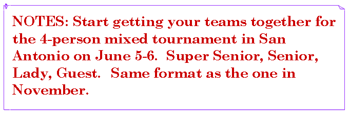 Text Box: NOTES: Start getting your teams together for the 4-person mixed tournament in San Antonio on June 5-6.  Super Senior, Senior, Lady, Guest.	Same format as the one in November.				