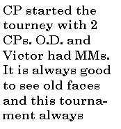 Text Box: CP started the tourney with 2 CPs. O.D. and Victor had MMs. It is always good to see old faces and this tournament 