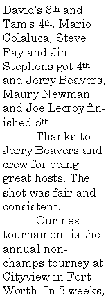 Text Box: Fred�s 13th title, David�s 8th and Tam�s 4th. Mario Colaluca, Steve Ray and Jim Stephens got 4th and Jerry Beavers, Maury Newman and Joe Lecroy finished 5th.	Thanks to Jerry Beavers and crew for being great hosts. The shot was fair and consistent.	Our next tournament is the annual non-champs tourney at Cityview in Fort 