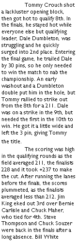 Text Box:  	Tommy Crouch shot a lackluster opening block, then got hot to qualify 8th. In the finals, he stayed hot while everyone else but qualifying leader, Dale Dumbleton, was struggling and he quickly surged into 2nd place. Entering the final game, he trailed Dale by 30 pins, so he only needed to win the match to nab the championship. An early washout and a Dumbleton double put him in the hole, but Tommy rallied to strike out from the 8th for a 211. Dale was on a strike in the 9th, but needed the first in the 10th to win. He got it a little wide and left the 3 pin, giving Tommy the title.	The scoring was high in the qualifying rounds as the field averaged 211, the finalists   228 and it took +237 to make the cut. After running the lanes before the finals, the scores plummeted, as the finalists averaged less than 212. Jim King eked out 3rd over Bernie Carlisle and Chuck Maher, who tied for 4th. Steve Thompson and Chuck Souzer were back in the finals after a long absence. Bill White 