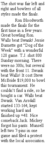 Text Box: The shot was fair left and right and bowlers of all styles made the finals. 	Ron Bloodworth made the finals for the first time in a few years. Great bowling Ron. Walls beat Swank! Jessie Burnette got Dog of the Week with a wonderful 128 game. T.J. shot 800 Sunday morning. There were no 300s, but several with the front 11. Swank beat Walls! It cost Steve McBride $19,000 to bowl this tournament. He couldnt find a ride, so he bought a car. Walls beat Swank. Van Arsdall started 133-164, kept working hard and finished up +48. Nice comeback Jack. Mickey forgot his pants. Munsell left two 7-pins in one game and filed a protest with the local association. 