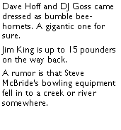 Text Box: Dave Hoff and DJ Goss came dressed as bumble bee-hornets. A gigantic one for sure. Jim King is up to 15 pounders on the way back. A rumor is that Steve McBrides bowling equipment fell in to a creek or river somewhere.  