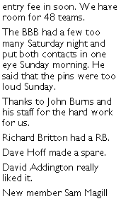 Text Box: entry fee in soon. We have room for 48 teams. The BBB had a few too many Saturday night and put both contacts in one eye Sunday morning. He said that the pins were too loud Sunday. Thanks to John Burns and his staff for the hard work for us. Richard Britton had a RB. Dave Hoff made a spare.  David Addington really liked it. New member Sam Magill 