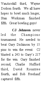 Text Box: VanArsdall third, Wayne Dodson fourth.  We all have hopes to bowl much longer, Stan Workman finished fifth.  Great bowling guys!	CJ Johnson never led the Champions tournament. He needed to beat Gary Dickinson by 15 pins to win the event.  CJ blasted a 243 to Garys 217 for the win. Gary finished second, Charlie Hufford third, David Rountree fourth, and Bob Freehauf captured  fifth. 