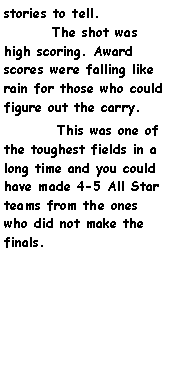 Text Box: stories to tell.			The shot was high scoring. Award scores were falling like rain for those who could figure out the carry.         This was one of the toughest fields in a long time and you could have made 4-5 All Star teams from the ones who did not make the finals.