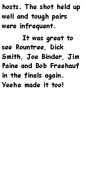 Text Box: hosts. The shot held up well and tough pairs were infrequent.       It was great to see Rountree, Dick Smith, Joe Binder, Jim Paine and Bob Freehauf in the finals again. Yeeha made it too!