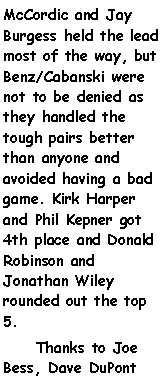 Text Box: McCordic and Jay Burgess held the lead most of the way, but Benz/Cabanski were not to be denied as they handled the tough pairs better than anyone and avoided having a bad game. Kirk Harper and Phil Kepner got 4th place and Donald Robinson and Jonathan Wiley rounded out the top 5.     Thanks to Joe Bess, Dave DuPont 
