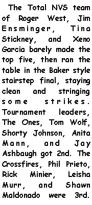Text Box:   The Total NVS team of Roger West, Jim Ensminger, Tina Stickney, and Xeno Garcia barely made the top five, then ran the table in the Baker style stairstep final, staying clean and stringing some strikes. Tournament leaders, The Ones, Tom Wolf, Shorty Johnson, Anita Mann, and Jay Ashbaugh got 2nd. The Crossfires, Phil Prieto, Rick Minier, Leisha Murr, and Shawn Maldonado were 3rd. 