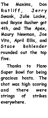 Text Box: The Maxims, Don Ratliff, Jerry Swank, Julie Locke, and Royce Rusher got 4th, and The Apex, Maury Newman, Joe Vito, April Ellis, and Stace Bohlender rounded out the top five.    Thanks to Plano Super Bowl for being gracious hosts. The shot was high scoring and there were strings of strikes everywhere.