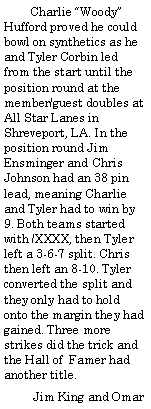 Text Box:         Charlie Woody Hufford proved he could bowl on synthetics as he and Tyler Corbin led from the start until the position round at the member/guest doubles at All Star Lanes in Shreveport, LA. In the position round Jim Ensminger and Chris Johnson had an 38 pin lead, meaning Charlie and Tyler had to win by 9. Both teams started with /XXXX, then Tyler left a 3-6-7 split. Chris then left an 8-10. Tyler converted the split and they only had to hold onto the margin they had gained. Three more strikes did the trick and the Hall of  Famer had another title.         Jim King and Omar 