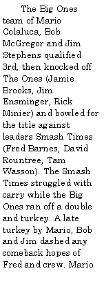 Text Box:         The Big Ones team of Mario Colaluca, Bob McGregor and Jim Stephens qualified 3rd, then knocked off The Ones (Jamie Brooks, Jim Ensminger, Rick Minier) and bowled for the title against leaders Smash Times (Fred Barnes, David Rountree, Tam Wasson). The Smash Times struggled with carry while the Big Ones ran off a double and turkey. A late turkey by Mario, Bob and Jim dashed any comeback hopes of Fred and crew. Mario 