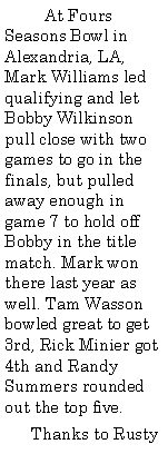 Text Box:          At Fours Seasons Bowl in Alexandria, LA, Mark Williams led qualifying and let Bobby Wilkinson pull close with two games to go in the finals, but pulled away enough in game 7 to hold off Bobby in the title match. Mark won there last year as well. Tam Wasson bowled great to get 3rd, Rick Minier got 4th and Randy Summers rounded out the top five.      Thanks to Rusty 