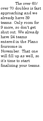 Text Box: 	The over 60/over 70 doubles is fast approaching and we already have 39 teams. Only room for 9 more, so dont get shut out. We already have 24 teams entered in the Plano foursome in November. That one will fill up as well, so its time to start finalizing your teams.
