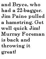 Text Box: and Bryce, who had a 22-bagger. Jim Paine pulled a hamstring. Get well quick Jim! Murray Foreman is back and throwing it great!