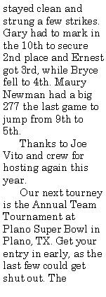 Text Box: stayed clean and strung a few strikes. Gary had to mark in the 10th to secure 2nd place and Ernest got 3rd, while Bryce fell to 4th. Maury Newman had a big 277 the last game to jump from 9th to 5th.      Thanks to Joe Vito and crew for hosting again this year.      Our next tourney is the Annual Team Tournament at Plano Super Bowl in  Plano, TX. Get your entry in early, as the last few could get shut out. The 