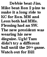 Text Box:        Debbie beat Jim. Mike beat Ron 2 pins to make it a long ride to KC for Ron. MM and Leon both had MMs. Fleming had an SW. The new president was wearing his new disguise. Ugh! Tam didn�t try a different ball until the 20th game. Watch out for Bill 