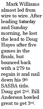 Text Box:      Mark Williams almost led from wire to wire. After leading Saturday and Sunday morning, he lost the lead to Doug Hayes after five games in the finals, but bounced back with a 279 to regain it and nail down his 9th SASBA title.Doug got 2nd. Bill Anderson bowled great to get 3rd. 