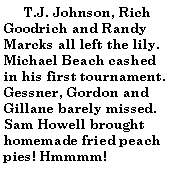 Text Box:      T.J. Johnson, Rich Goodrich and Randy Marcks all left the lily. Michael Beach cashed in his first tournament. Gessner, Gordon and Gillane barely missed. Sam Howell brought homemade fried peach pies! Hmmmm!