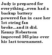 Text Box: Judy is prepared for everything...even had a backup battery powered fan in case her 1st string fan broke...and it did. Kenny Robertson improved 363 pins over his last tournament. 