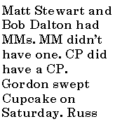 Text Box: Matt Stewart and Bob Dalton had MMs. MM didn�t have one. CP did have a CP. Gordon swept Cupcake on Saturday. Russ 