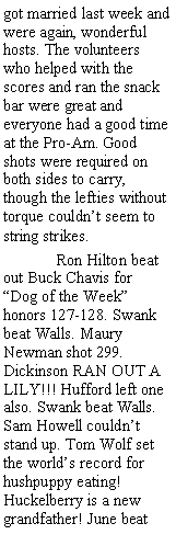 Text Box: got married last week and were again, wonderful hosts. The volunteers who helped with the scores and ran the snack bar were great and      everyone had a good time at the Pro-Am. Good shots were required on both sides to carry, though the lefties without torque couldnt seem to string strikes.	Ron Hilton beat out Buck Chavis for Dog of the Week honors 127-128. Swank beat Walls. Maury Newman shot 299.  Dickinson RAN OUT A LILY!!! Hufford left one also. Swank beat Walls. Sam Howell couldnt stand up. Tom Wolf set the worlds record for hushpuppy eating! Huckelberry is a new grandfather! June beat 
